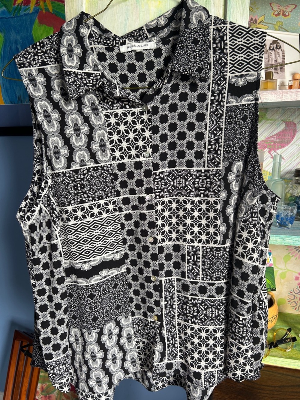 Rose & Olive Black and White Sleeveless Patchwork Blouse